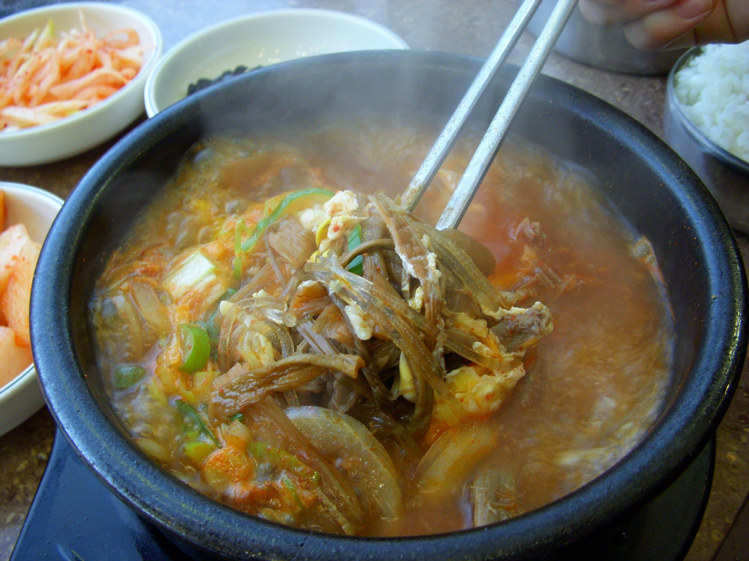 결대로 찢은 소고기와 고사리가 들어간 육개장 뚝배기